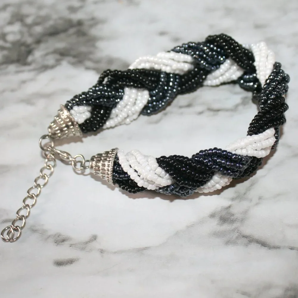 ARTISAN Bracelet Beaded Braided Classic Handmade Seed Black White Gray Vintage